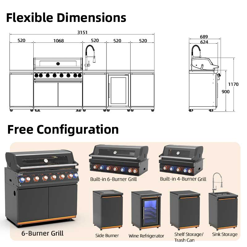 Cocina exterior a medida con gabinete de acero inoxidable y parrilla de gas