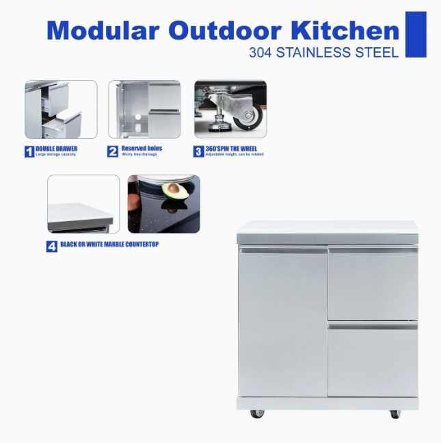 Nuevo armario de cocina exterior de acero inoxidable con puerta solitaria y gabinete de almacenamiento de dos cajones para camping, jardín y fiestas