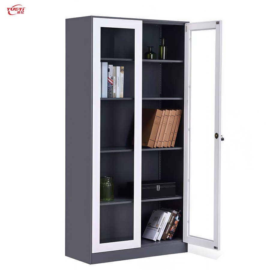 Armario de archivo metálico de doble puerta de vidrio en dos tonos, alto, con estantes interiores ajustables flexibles, almacenamiento práctico y llave individual para documentos de oficina y escuela
