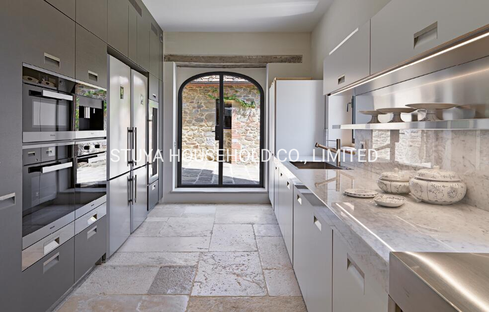 Muebles de diseño moderno de Italia, armario de cocina de acero inoxidable con laca