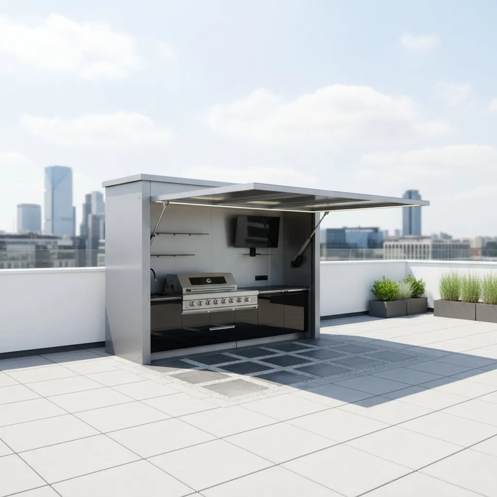 Isla de cocina exterior hecha a medida, gabinete de acero inoxidable, duradero y resistente a la intemperie con parrilla de gas incorporada para cocinar en el patio