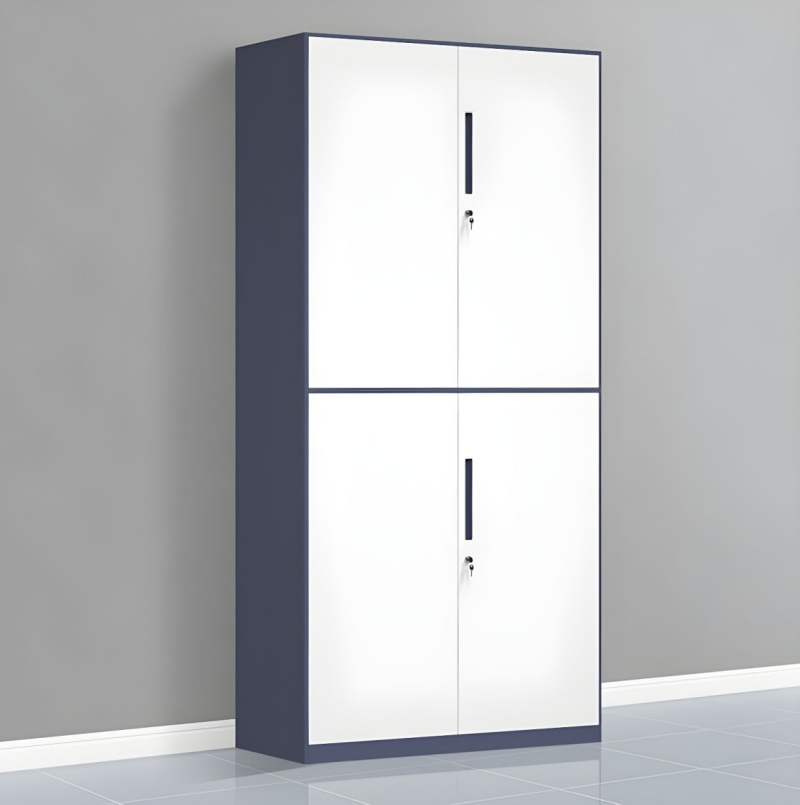 Armario de archivo alto de acero con doble puerta y cerradura de dos tonos 4-Panel con dos cerraduras separadas y largas manijas verticales, almacenamiento independiente superior e inferior