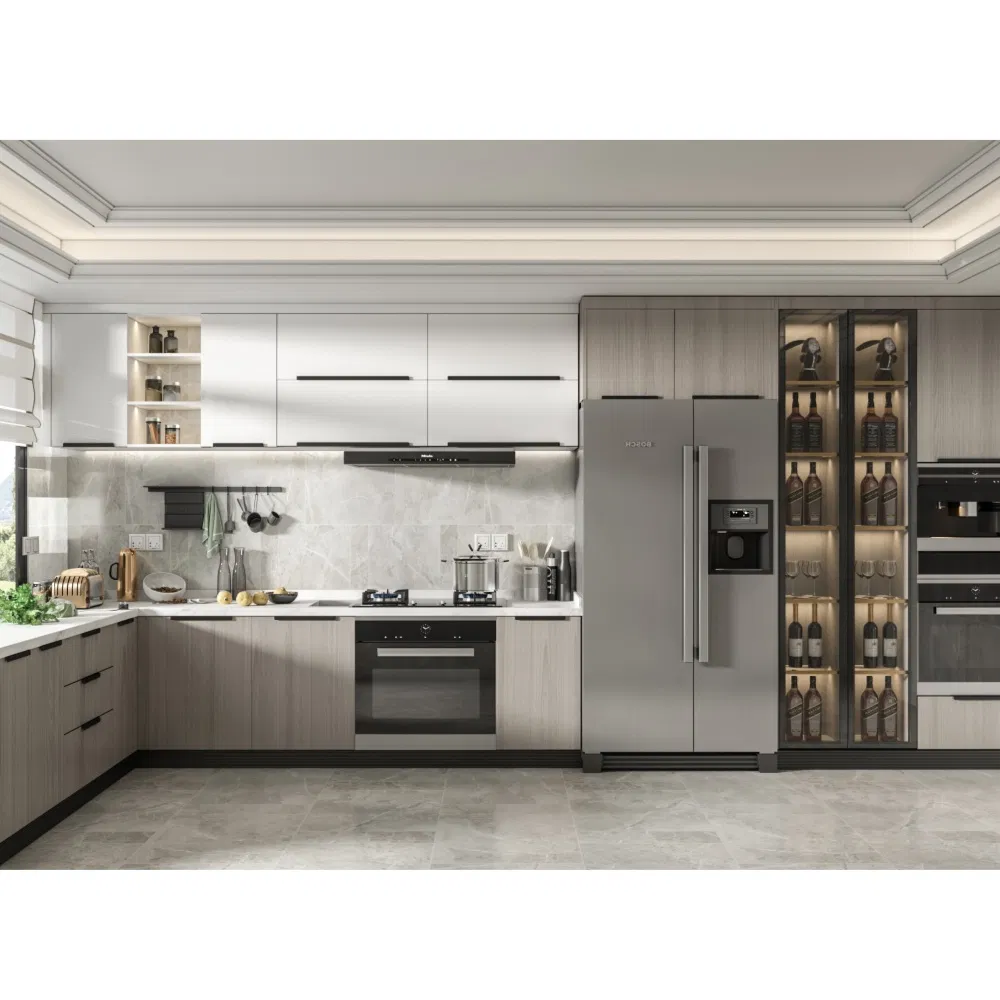 Gabinete de cocina de acero inoxidable con frigorífico alto