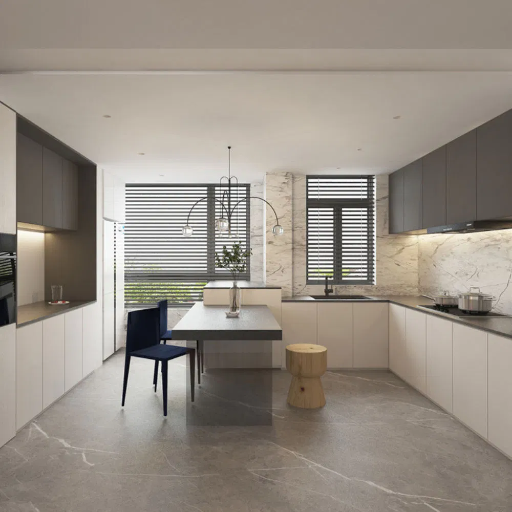 Conjunto de armarios de cocina de laca a medida en forma de U con armario de pared, unidad de cocina modular de contrachapado