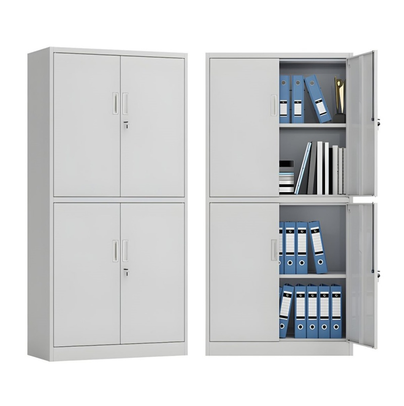 Armario de archivo alto de acero con doble puerta y cerradura de dos tonos 4-Panel con dos cerraduras separadas y largas manijas verticales, almacenamiento independiente superior e inferior
