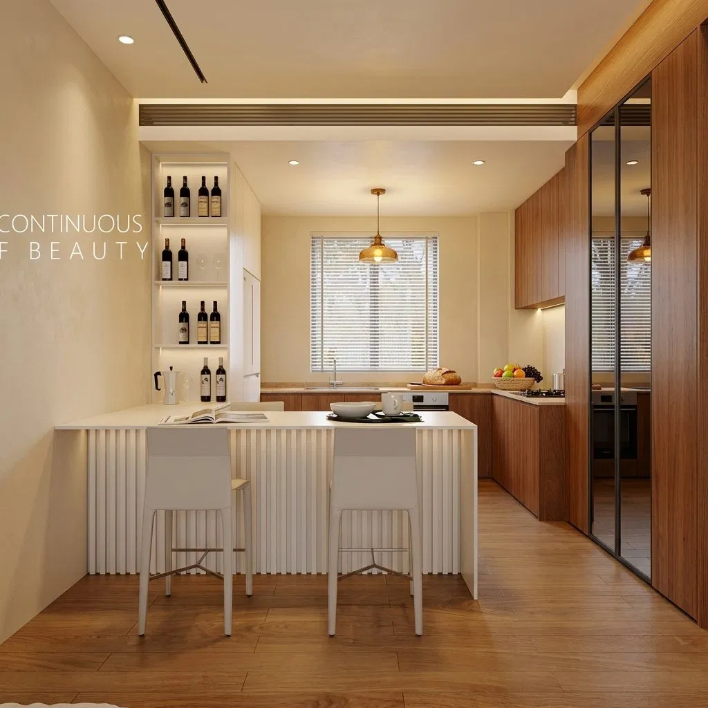 Gabinetes de cocina modulares modernos de madera maciza con paneles, tablero de melamina, salpicadero de granito, diseño impermeable, muebles de cocina personalizados