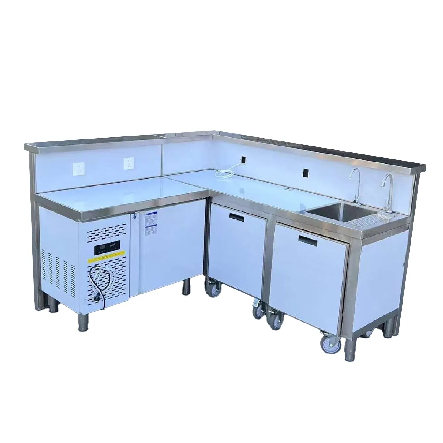 Estación de trabajo de acero inoxidable para bebidas con fregadero y bin de hielo para cafetería y tienda de té