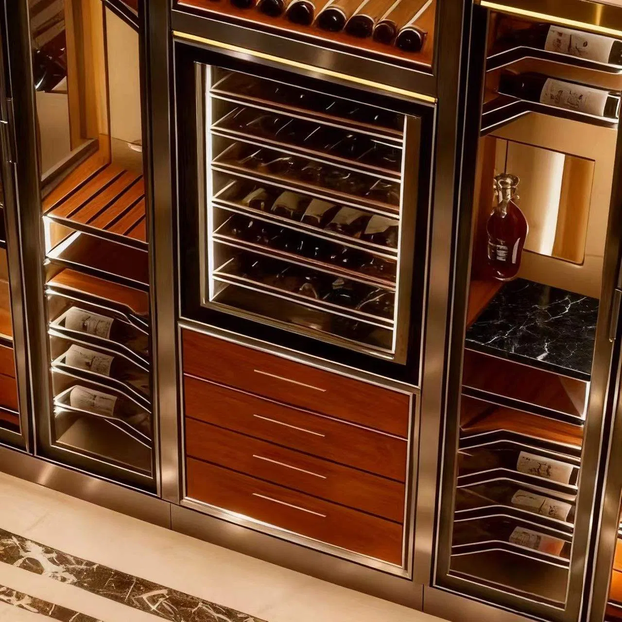 Gabinete de almacenamiento de vino de lujo moderno personalizado de acero inoxidable con exhibición de acrílico y metal