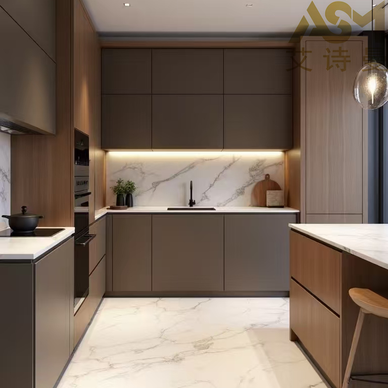 Isla moderna de contrachapado de lujo con tablero de melamina y diseño personalizado de acero inoxidable, armario de cocina moderno brillante listo para llevar al por mayor