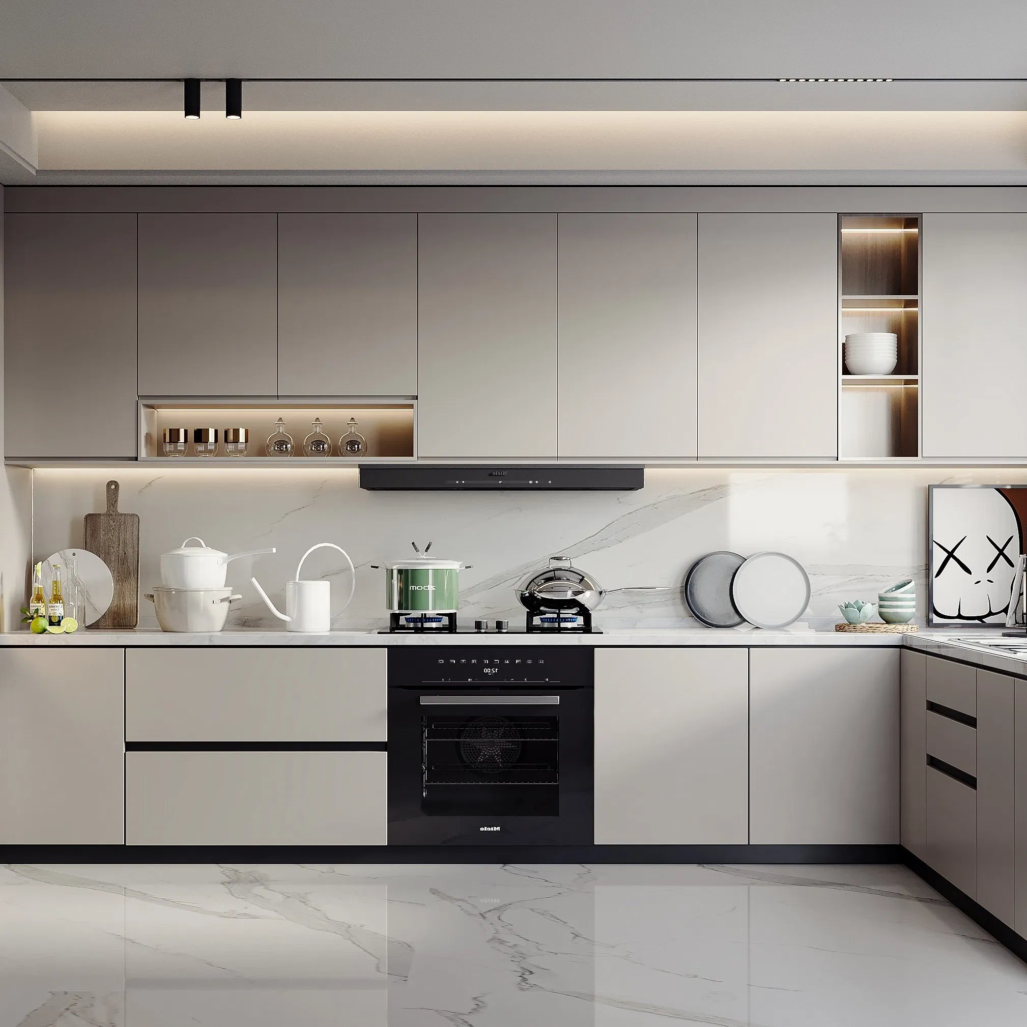 Mueble de cocina moderno de madera maciza antigua de lujo, armario de cocina de acero inoxidable personalizado en acero