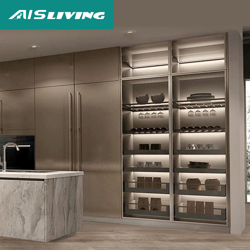 Conjunto de Muebles de Cocina de Carpintería Personalizada Diseño Moderno de Gabinetes de Cocina de Aluminio con Marco de Vidrio en Acero Inoxidable