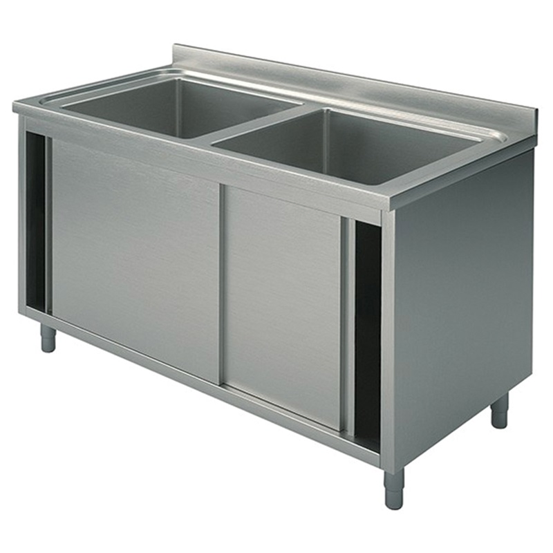 Mesa de trabajo de acero inoxidable industrial con gabinete y fregadero individual