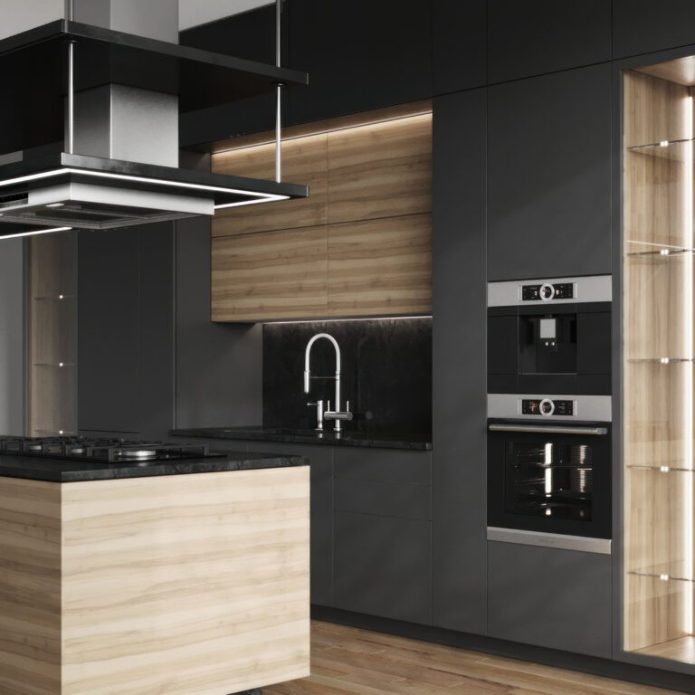 Conjuntos completos de gabinetes de cocina modernos de acero inoxidable y madera, muebles de cocina para restaurantes