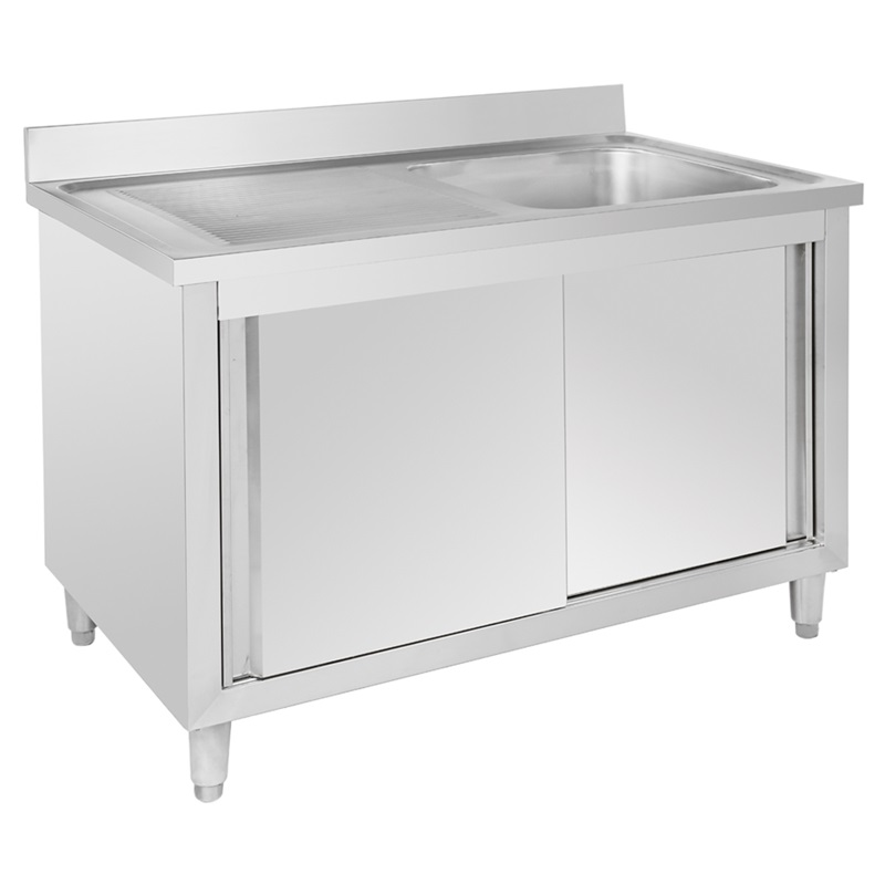 Mesa de trabajo de acero inoxidable industrial con gabinete y fregadero individual