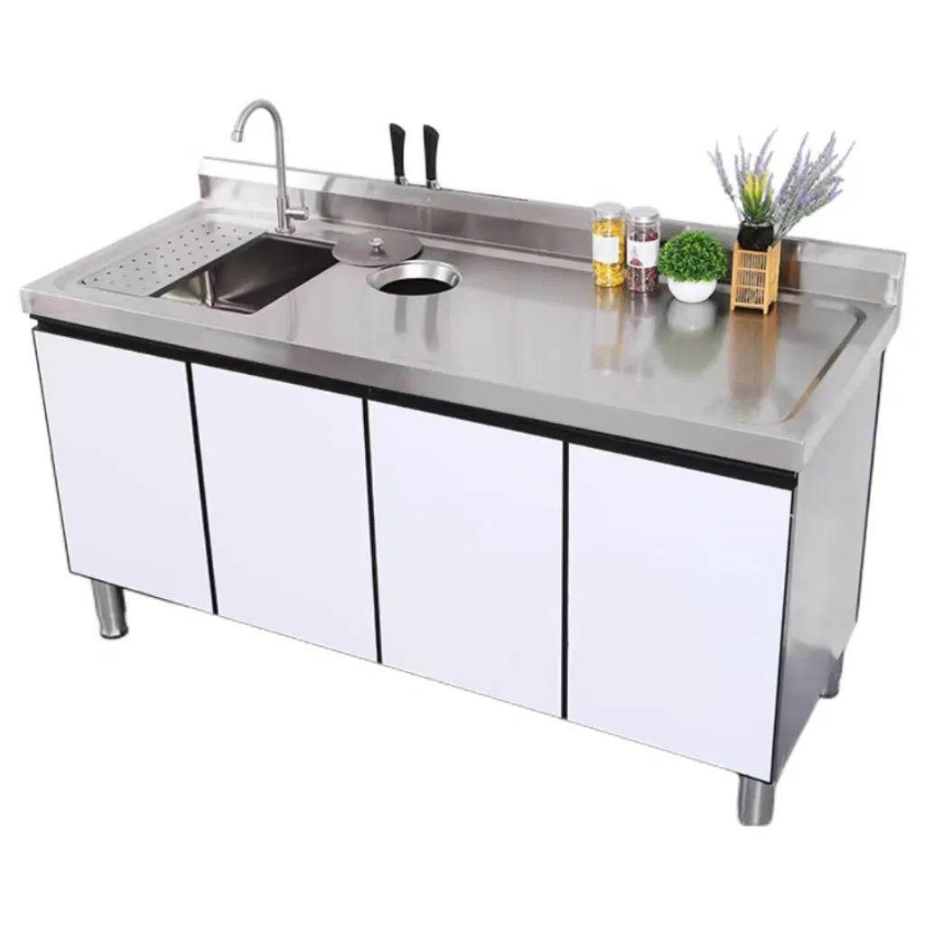 Estación de trabajo de cocina personalizada profesional con fregadero de acero inoxidable y patas ajustables