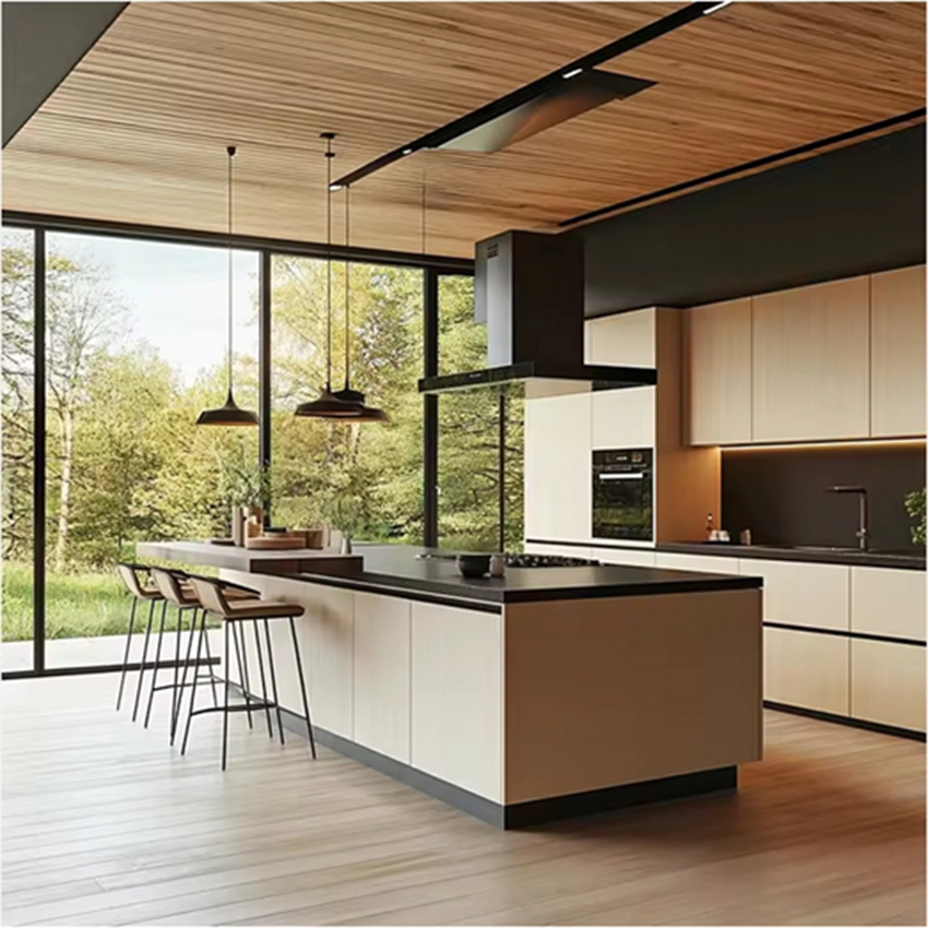 Fregadero de melamina de lujo moderno personalizado, armario de cocina de acero inoxidable para islas de cocina en villas, diseño de muebles