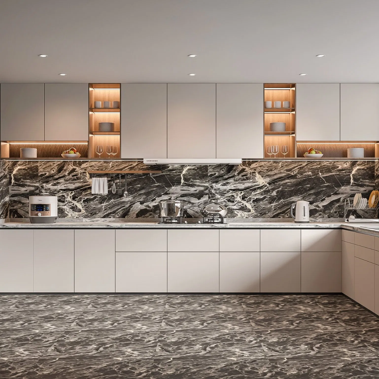 Mueble de cocina moderno de madera maciza antigua de lujo, armario de cocina de acero inoxidable personalizado en acero