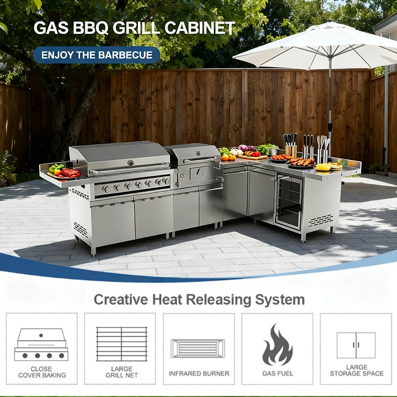 Isla de Cocina Modular de Acero Inoxidable 304 con Gabinete para Parrilla de Barbacoa