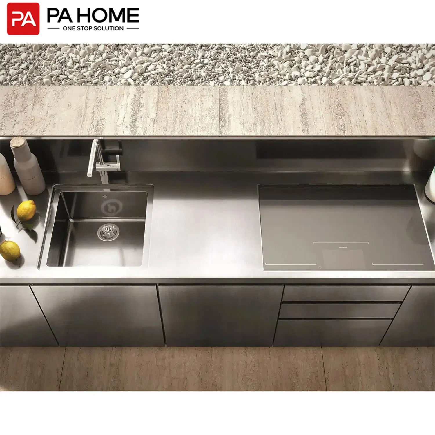 Gabinetes de Almacenamiento de Acero Inoxidable Sin Manijas 304 Diseño de Muebles de Cocina Mobiliario de Cocina Interior