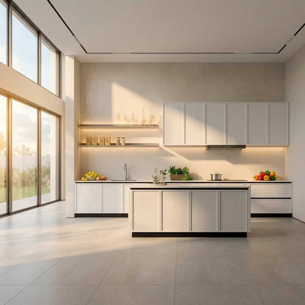 Gabinetes de cocina modernos de madera maciza con paneles, salpicadero de granito y diseño impermeable, muebles de cocina personalizados