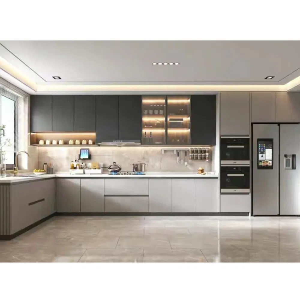 Gabinete de cocina de acero inoxidable con frigorífico alto