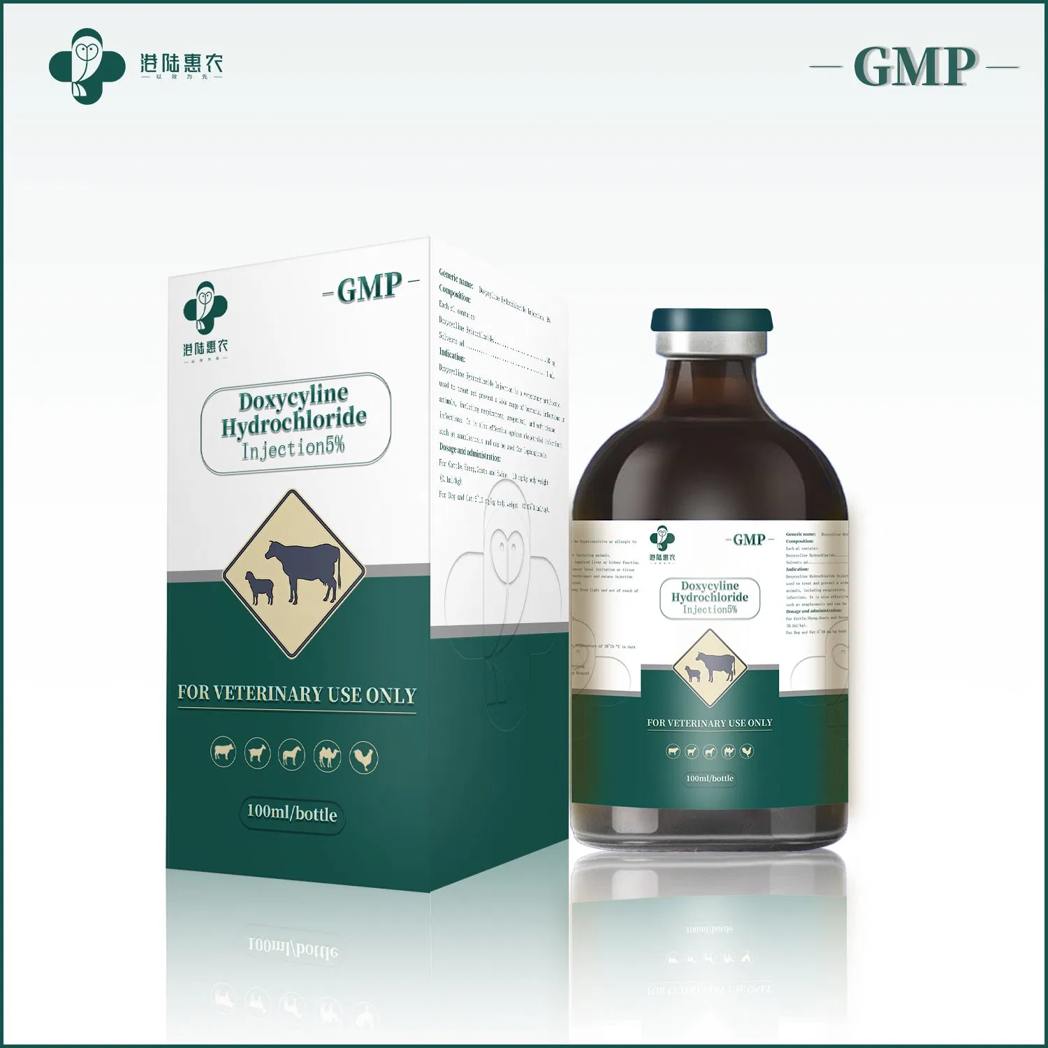 GMP Manufacturer Doxycycline Hydrochloride Injection 5% 10% Broad-Spectrum Antibiotics Anti-Inflammatory Drug for Cattle Sheep Pig Poultry