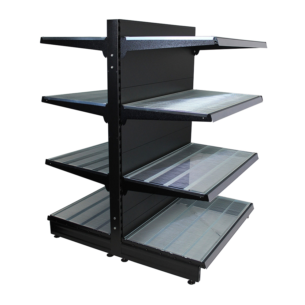 Modern Top-Header Tegometall Compatible Gondola Shelving for Branded Signage Display