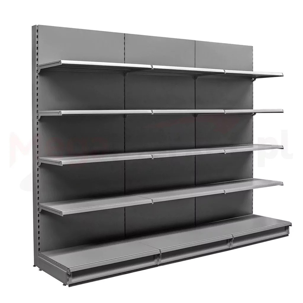 Modern Top-Header Tegometall Compatible Gondola Shelving for Branded Signage Display