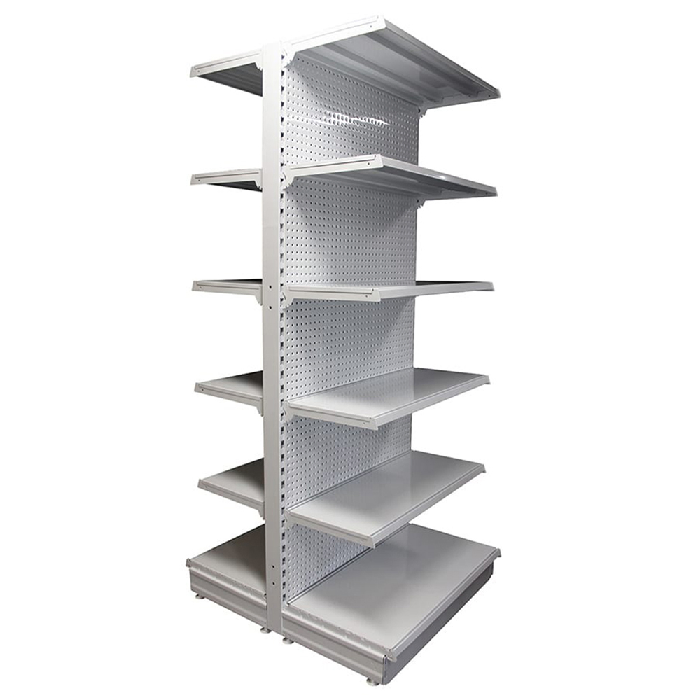 Modern Top-Header Tegometall Compatible Gondola Shelving for Branded Signage Display