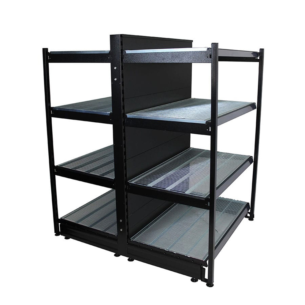 Modern Top-Header Tegometall Compatible Gondola Shelving for Branded Signage Display