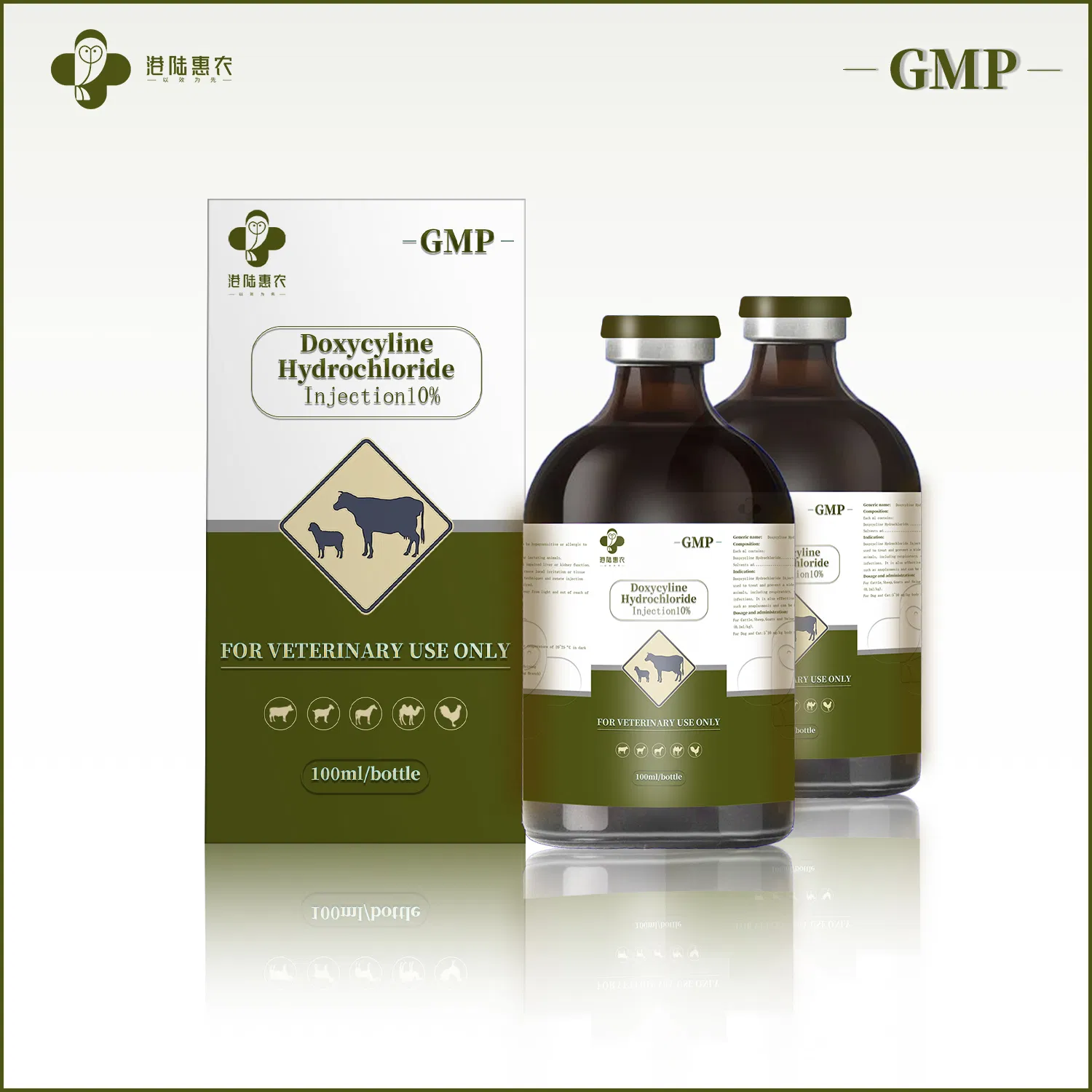 GMP Manufacturer Doxycycline Hydrochloride Injection 5% 10% Broad-Spectrum Antibiotics Anti-Inflammatory Drug for Cattle Sheep Pig Poultry