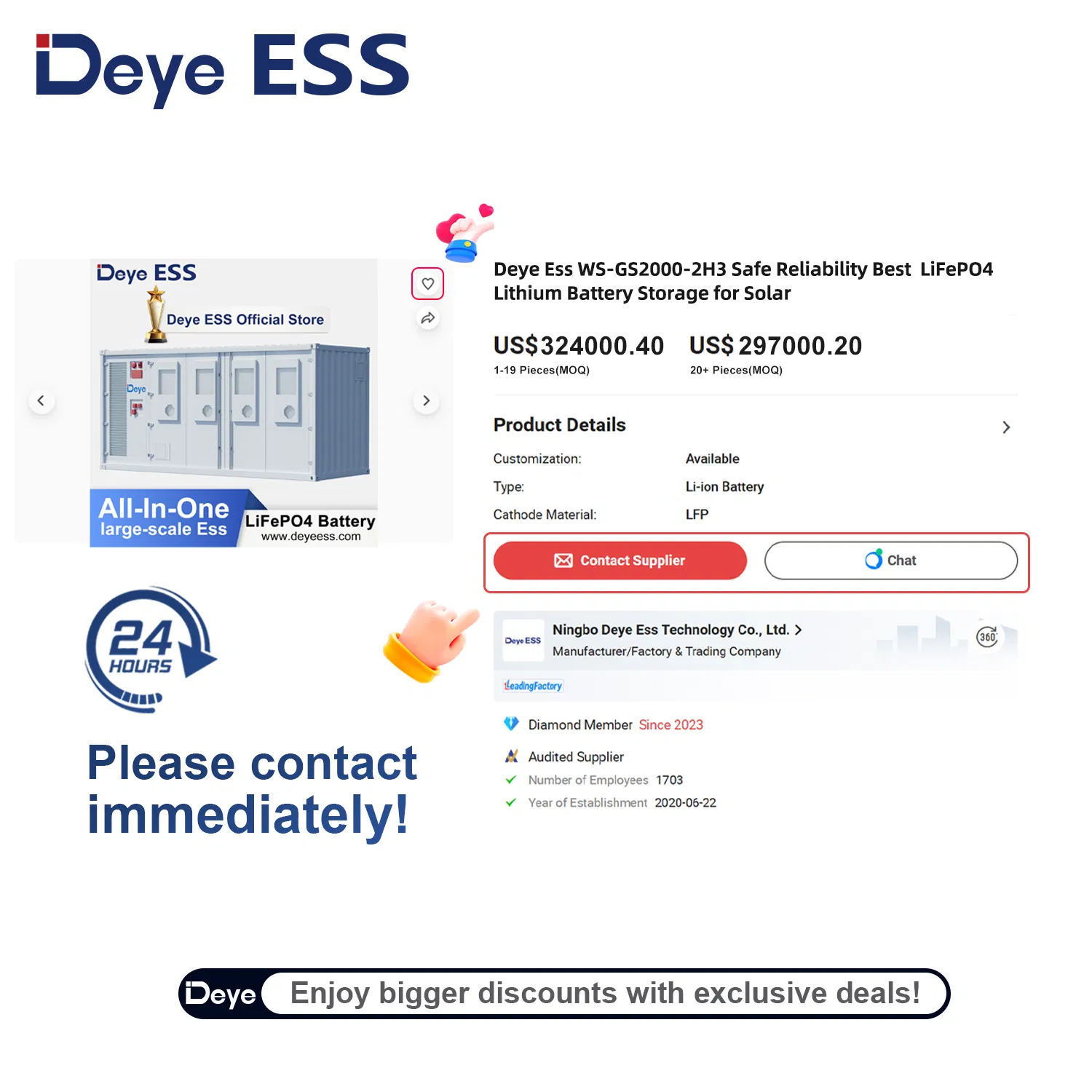 Deye Ess Ws-G2000-2h3 Safe Reliability IP54 Industrial Solar Energy Storage LiFePO4 Lithium Battery