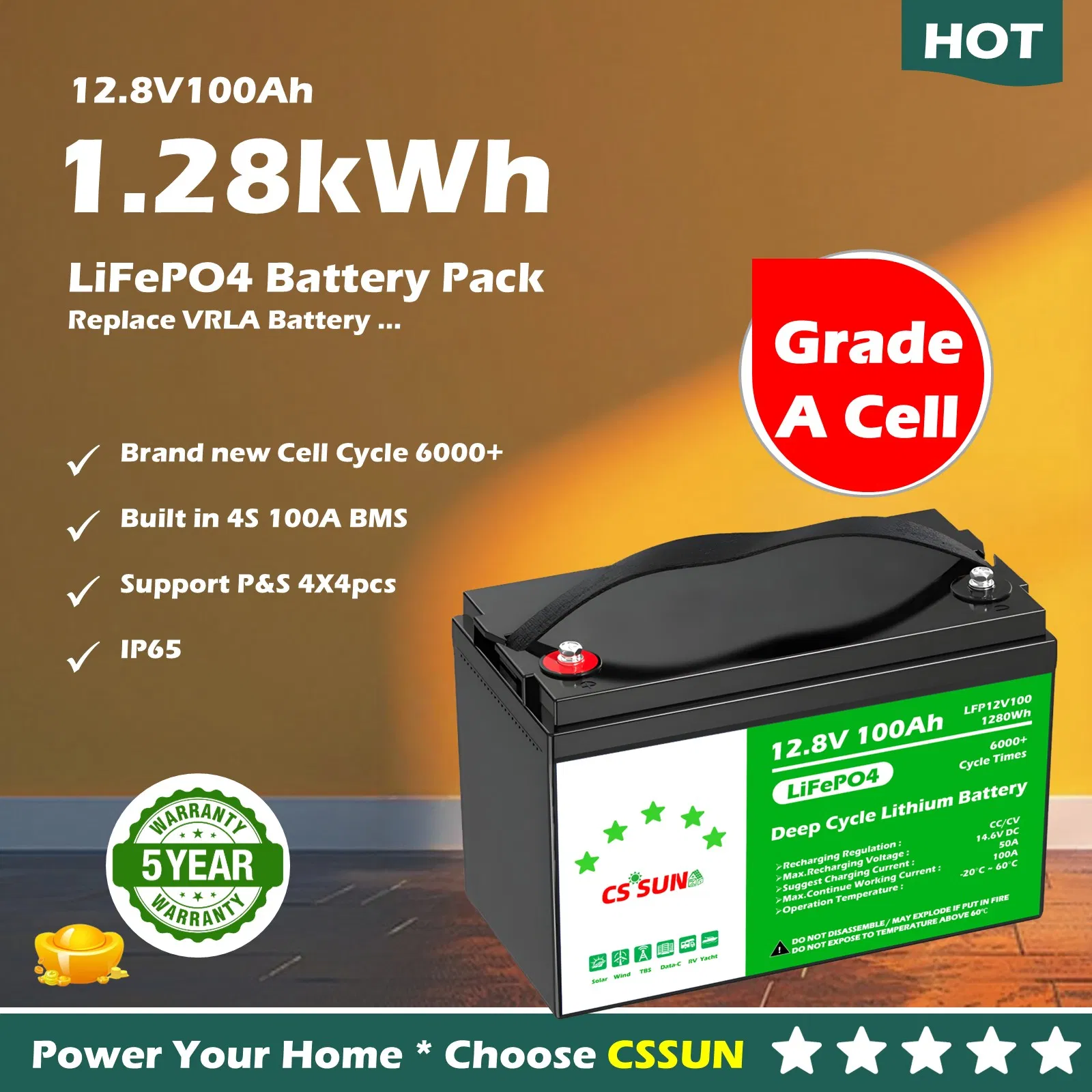 CSSUN 5Years Warranty 6000 Cycle Long Life 12V/24V/48V 50ah/100ah/200ah/400Ah LiFePO4 Lithium Ion Rechargeable Batteries for Solar/UPS/Telecom/Power Battery
