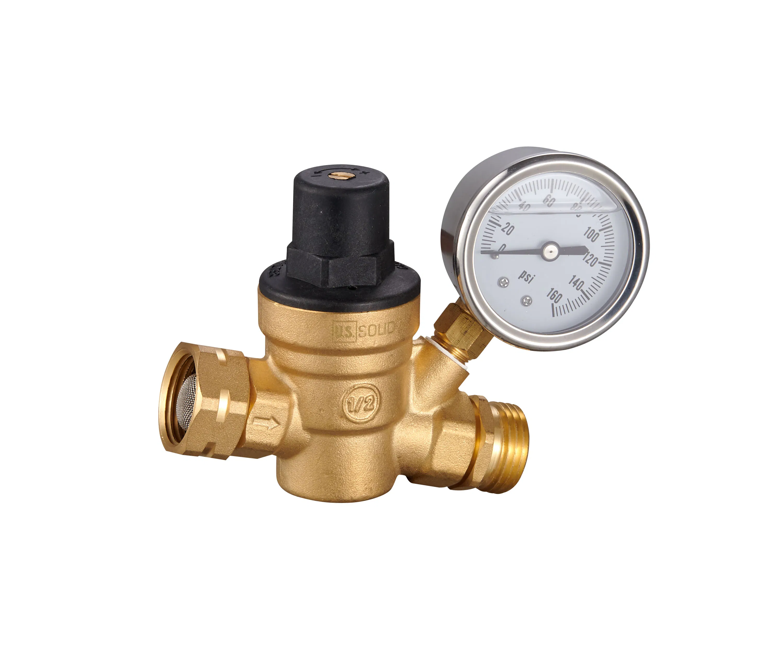 Pressure Regulator Reducer 3/4" Nh Brass Lead-Free Adjustable RV Reducing Pressure Valve with 160 Psi Gauge for RV Camper Travel Trailer