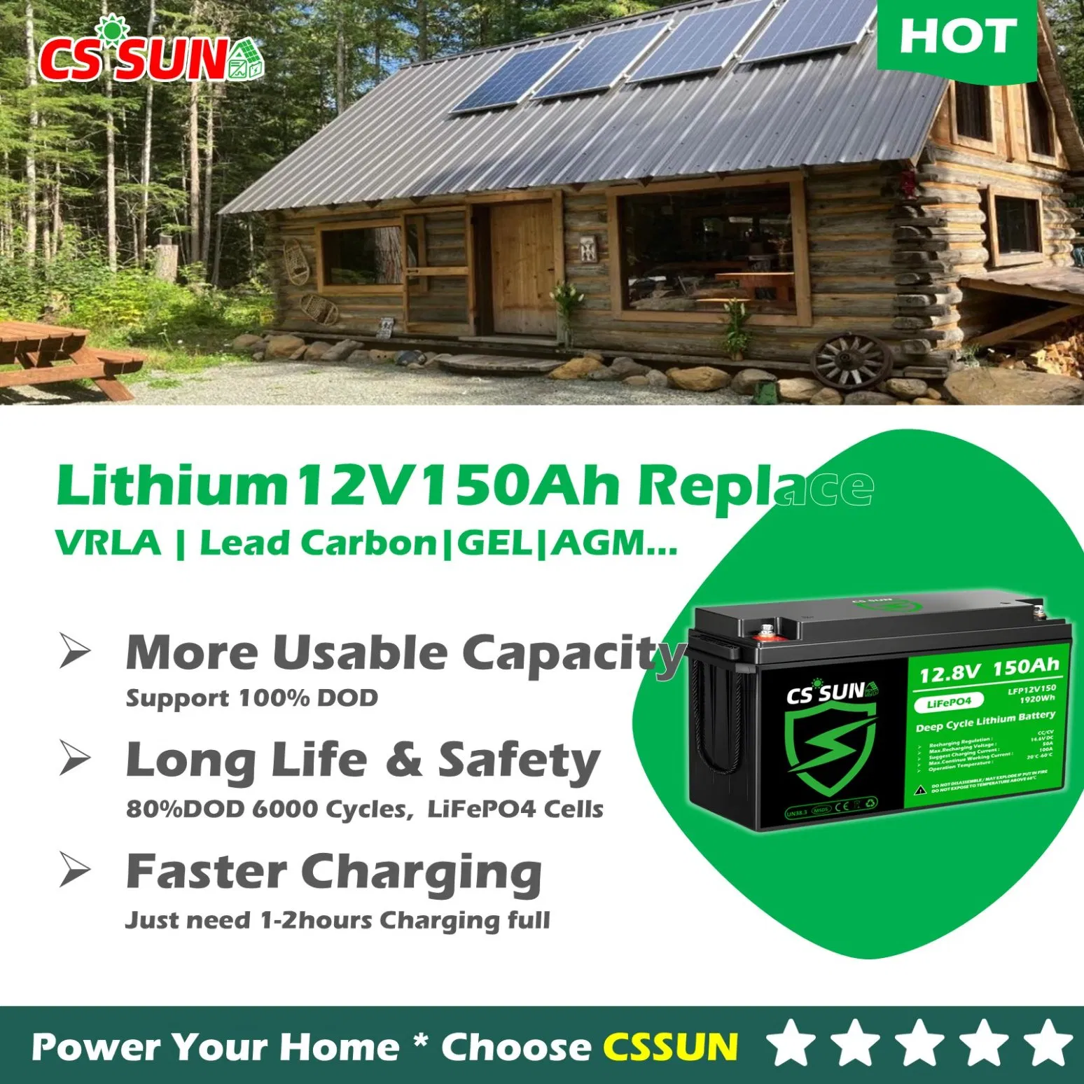 CSSUN 12.8V150Ah deep cycle Li-ion Battery for Solar System Street Lights Power Storage Replacement AGM Portable Battery PY
