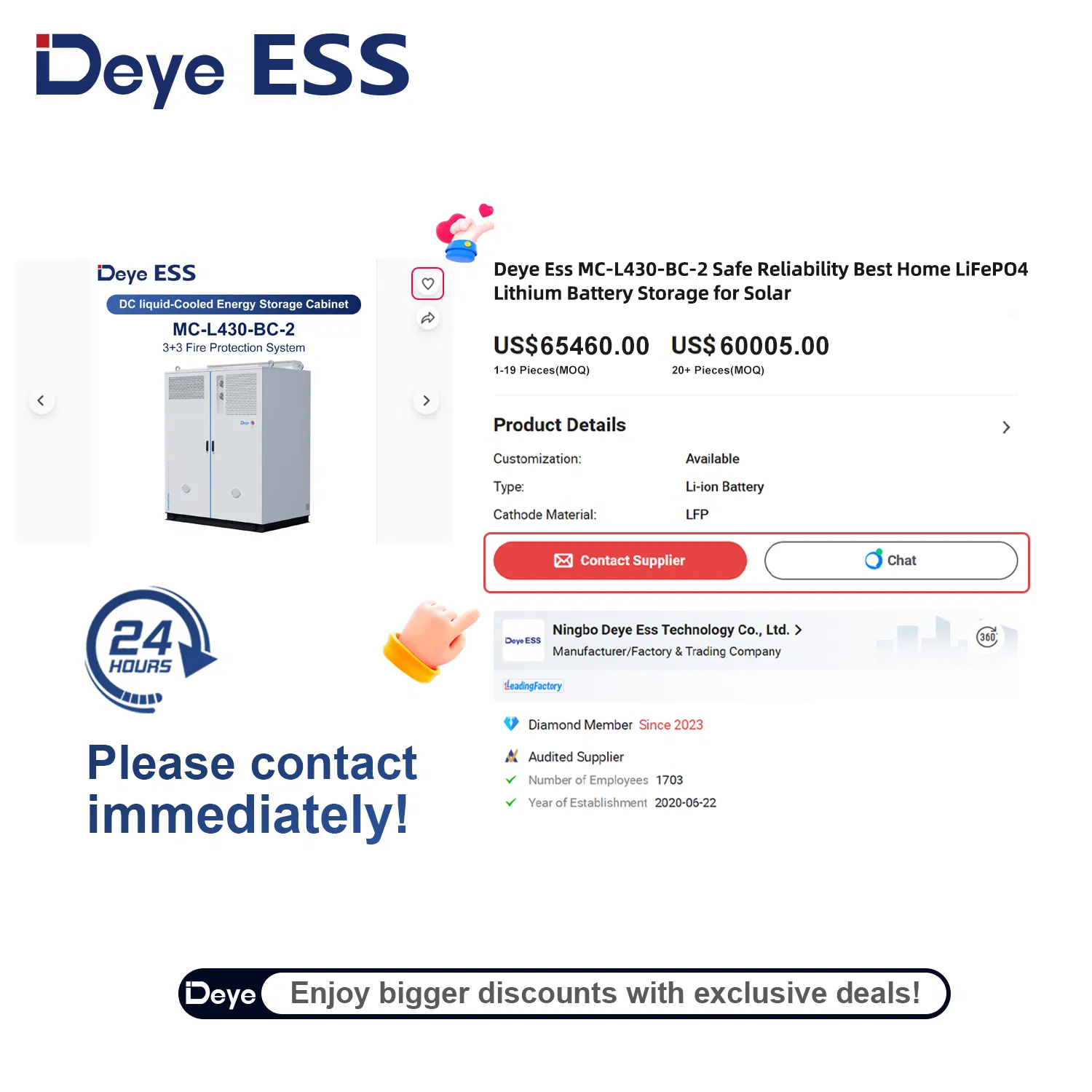 Deye Ess Mc-L430-Bc-2 Liquid Cooling 430kwh Solar Lithium Battery Commercial and Industrial Energy Storage System
