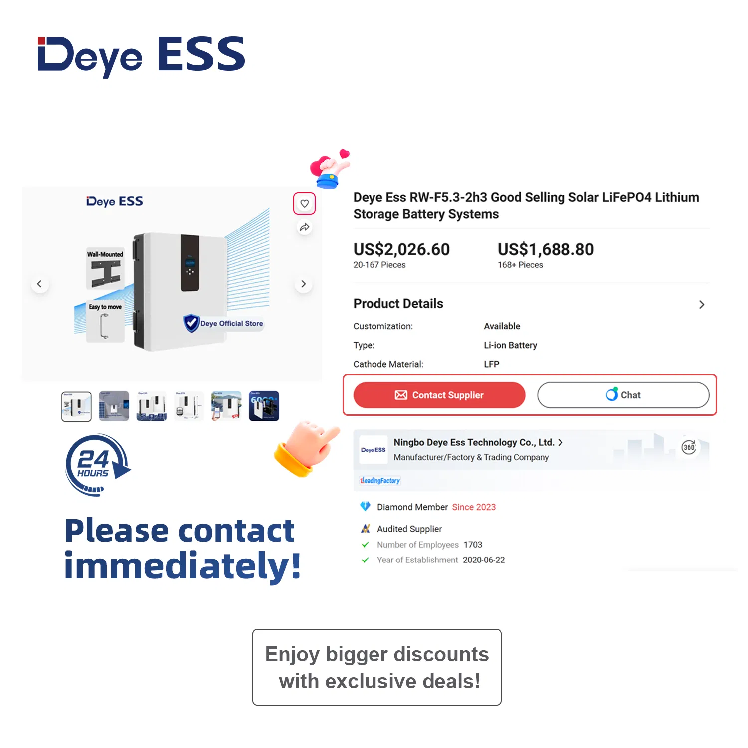 Deye Ess RW-F5.3-2h3 Home Wall Mounted IP65 Solar LiFePO4 Lithium Ion Storage Battery