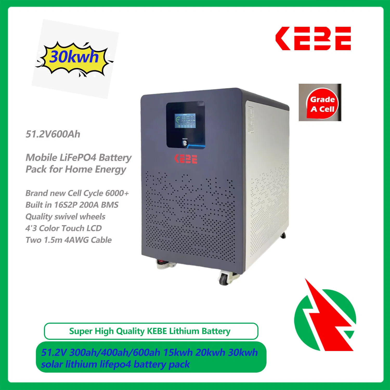 Kebe OEM Factory Removable Solar Lithium LiFePO4 Battery Pack 51.2V 300ah 400ah 600ah 15kwh 20kwh 30kwh for Hybrid Solar System/ Residential Bess