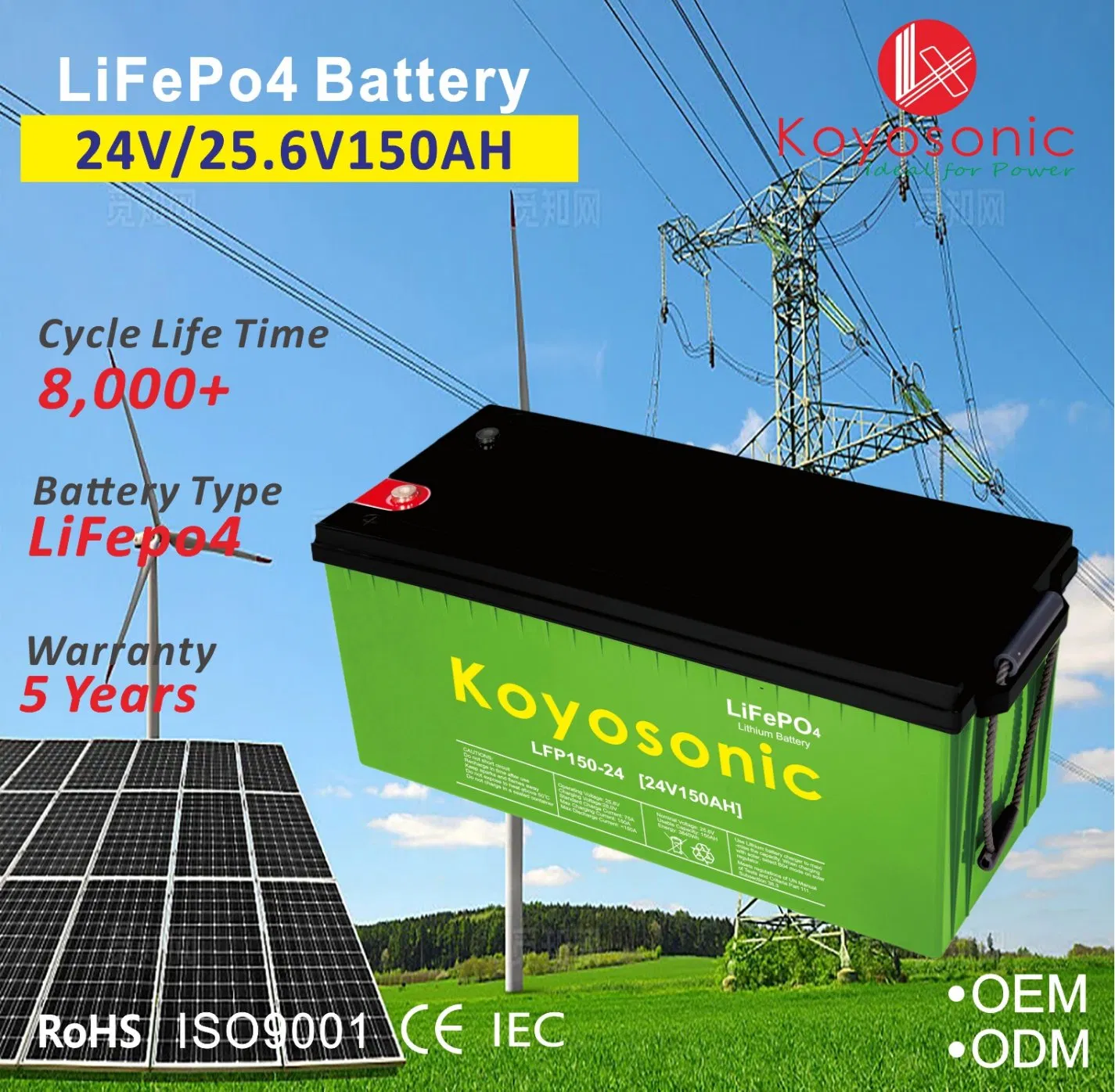 24V/25.6V 120ah 200ah Deep Cycle LiFePO4 Lithium Battery with BMS for Solar Energy Storage