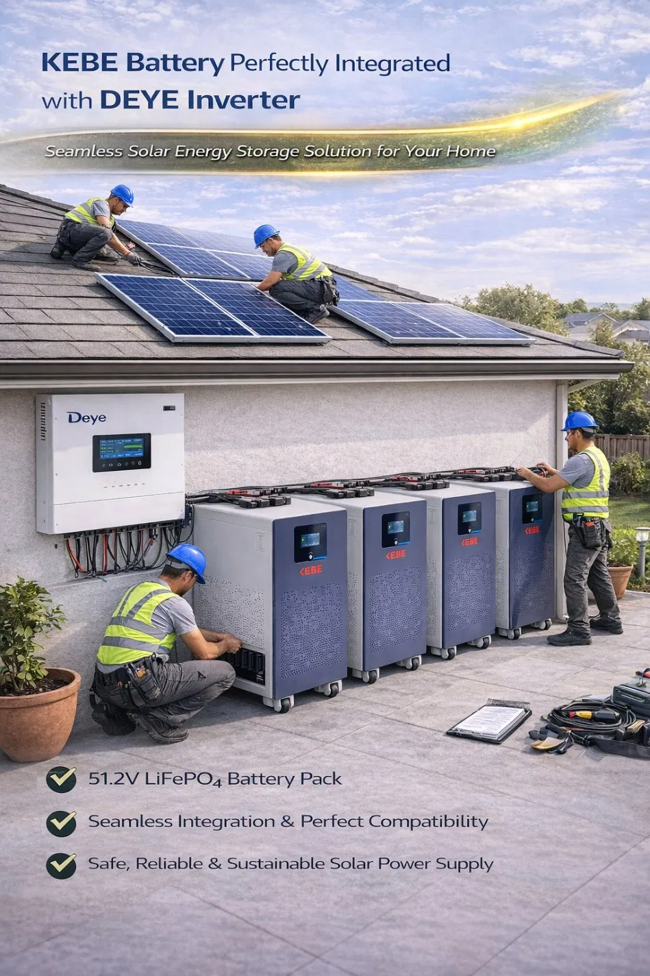 Kebe OEM Factory Removable Solar Lithium LiFePO4 Battery Pack 51.2V 300ah 400ah 600ah 15kwh 20kwh 30kwh for Hybrid Solar System/ Residential Bess