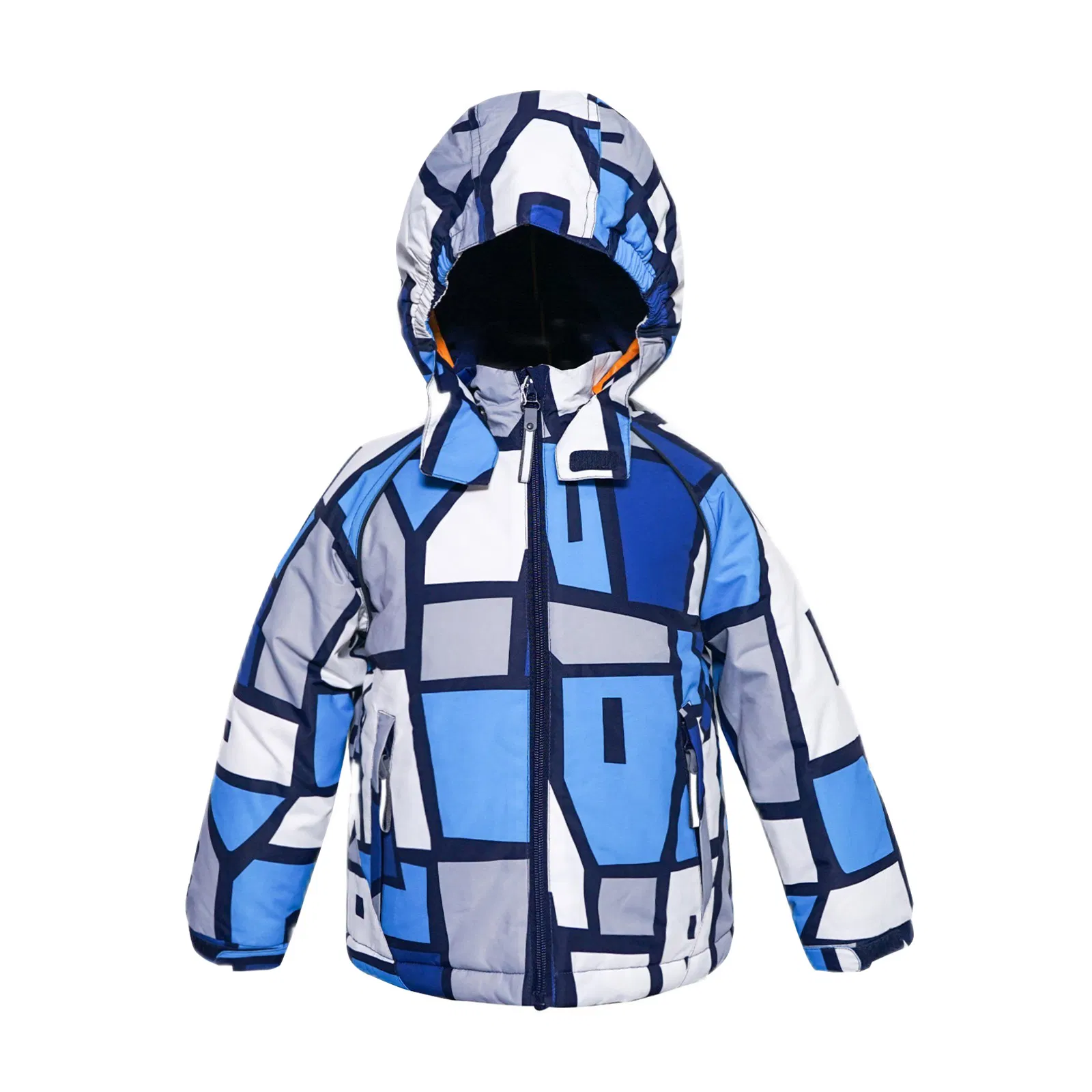Kids Hooded Outdoor Waterproof Jacket with Geometric Print Children Winter Clothing