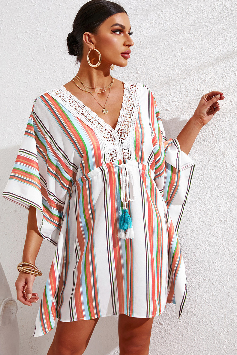Women Summer Beach Dress V-Neck Short-Sleeve Drawstring Beachwear for Lady Solid Stripe Beach Cover UPS
