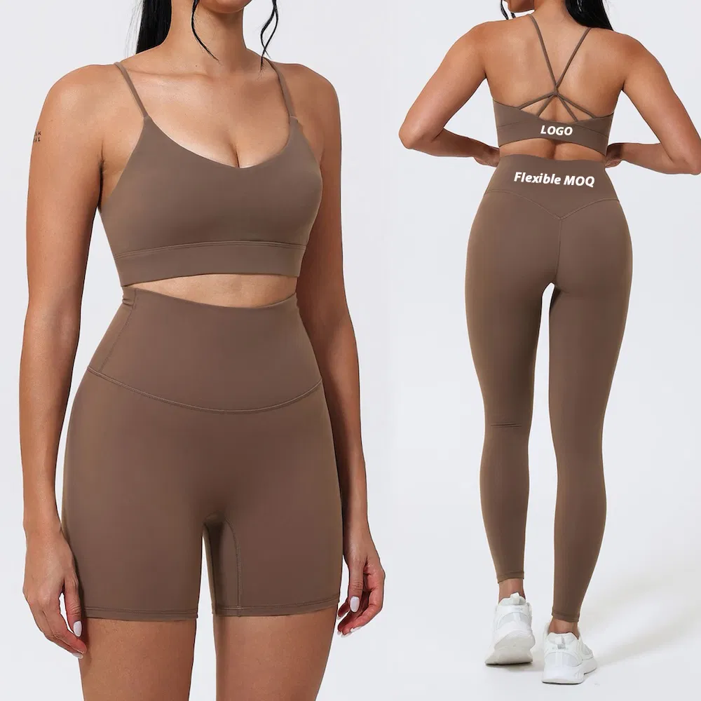 Tiktok New Trendy 3PCS Workout Apparel for Women, Fancy Strappy Back Sports Bra + High Waisted Gym Shorts + Workout Leggings Matching Pilates Activewear Set