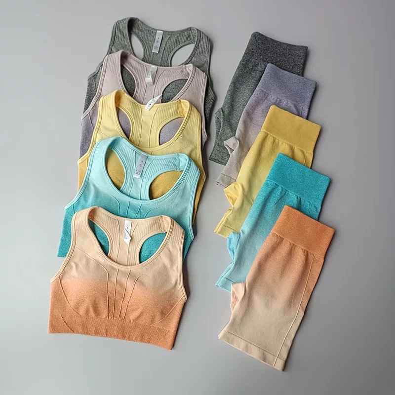 Wholesale Summer Gym Street Outfits Seamless Ropa De Yoga Wear for Women, Custom Gradient High Waist Shorts + Hollow Back Fitness Bra Boxing Outfits Activewear