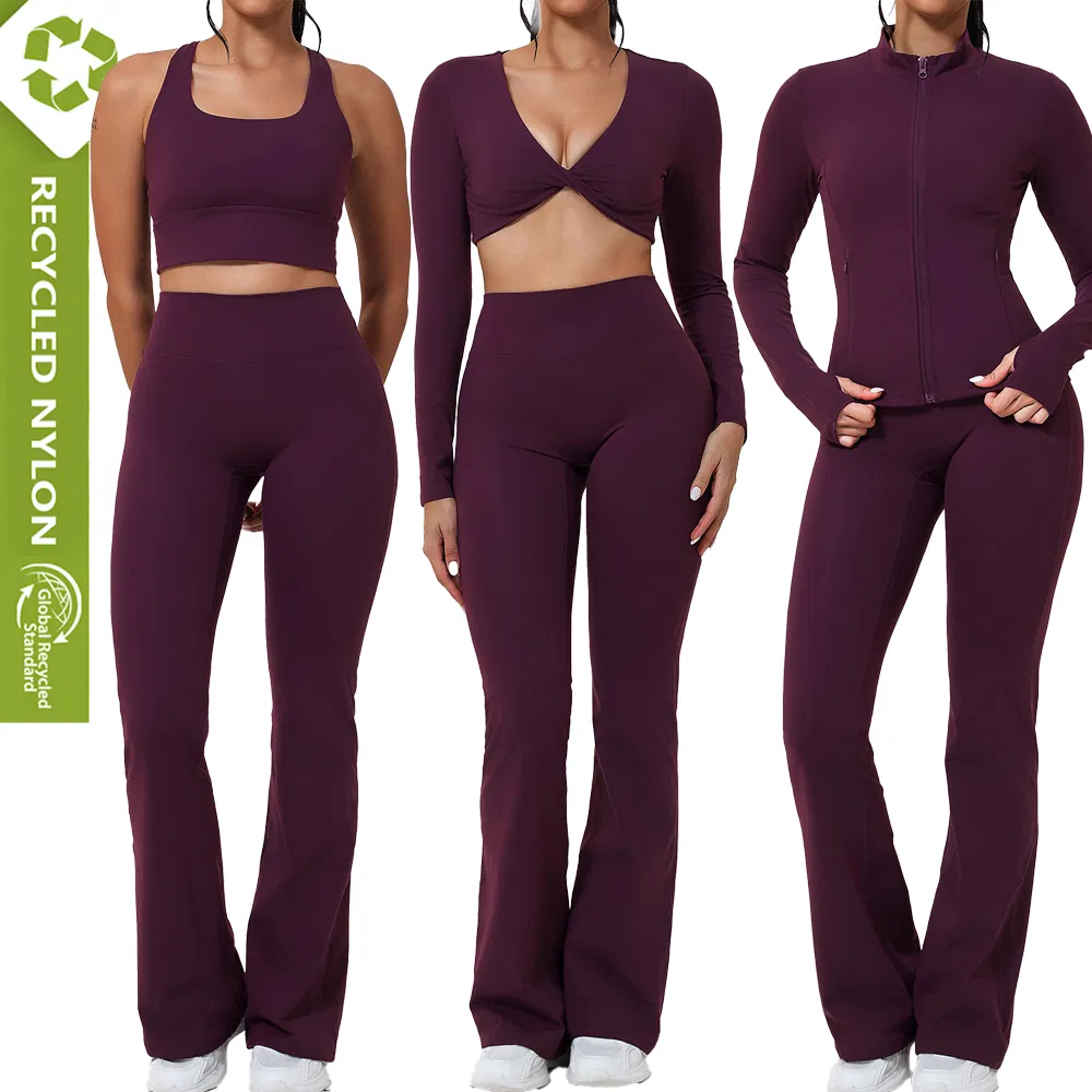 Hot 4PCS Sustainable Activewear Set Fitness Gym Clothing for Women, Recycled Workout Clothing Pilates Apparel Tank Top Jacket + Pants Womens Athletic Clothing