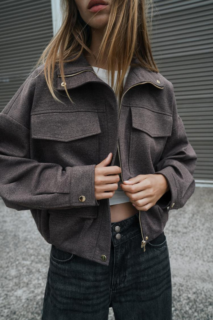 Wholesale Women Fashion Cropped Utility Jacket High Collar Chest Pockets Women's Casual Loose Bomber Outerwear