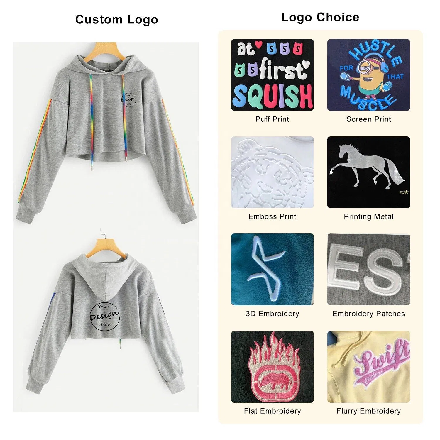 Custom Wholesale High Quality Crop Silk Screen Printing Women Luxury Fashion Sexy Streetwear Color Block Pullover Casual Hoodies