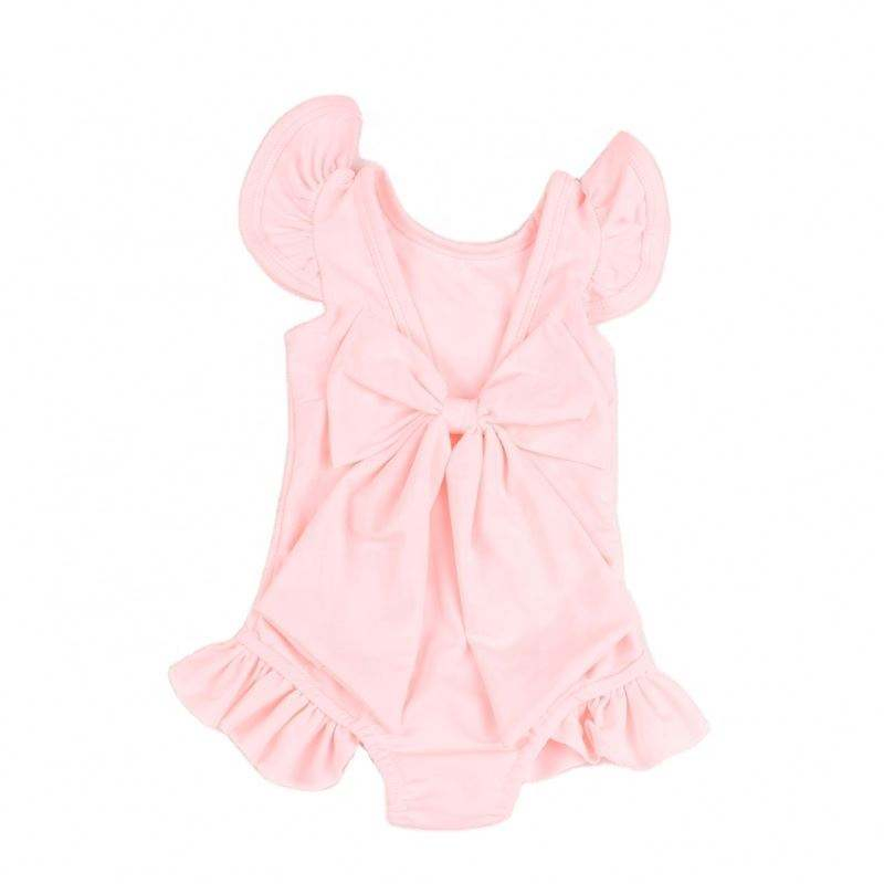 Popular One-Piece Swimwear Fashion Pure Color Casual Beach Resort Bathing One-Piece Backless Bowknot Bikini for Kid Girls Swim