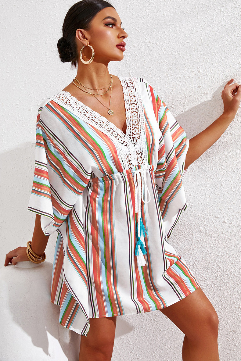 Women Summer Beach Dress V-Neck Short-Sleeve Drawstring Beachwear for Lady Solid Stripe Beach Cover UPS