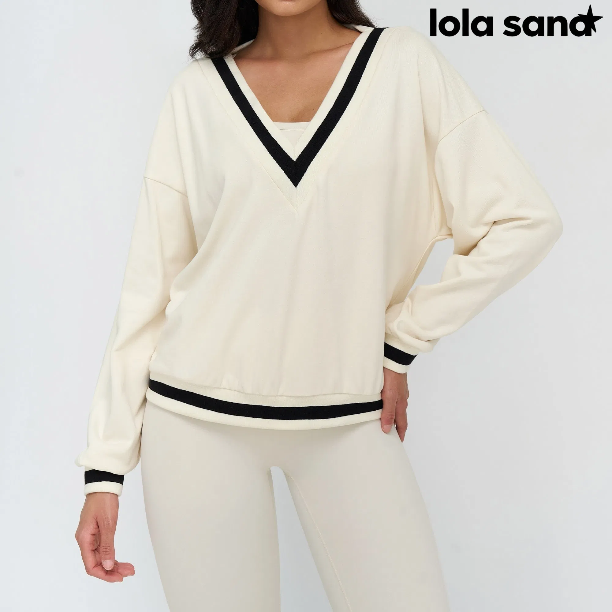 Activewear V Neck Sweatshirt - Women‘S Custom Logo Ropa, Color Block Design &amp; Loose Fit for Casual Wear